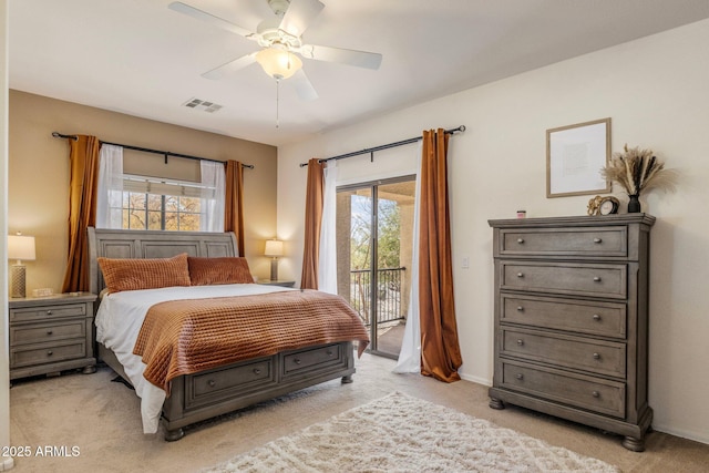 bedroom featuring baseboards, visible vents, light colored carpet, ceiling fan, and access to exterior