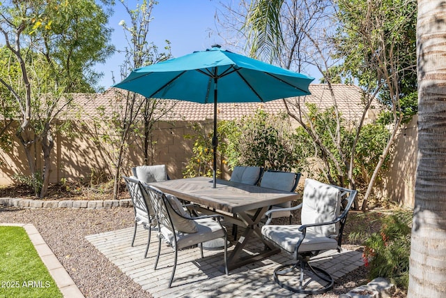 view of patio / terrace featuring a fenced backyard and outdoor dining space