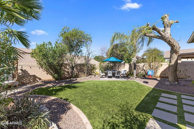 view of yard with a fenced backyard and a patio