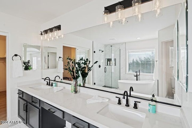 full bathroom featuring a soaking tub, double vanity, a stall shower, and a sink