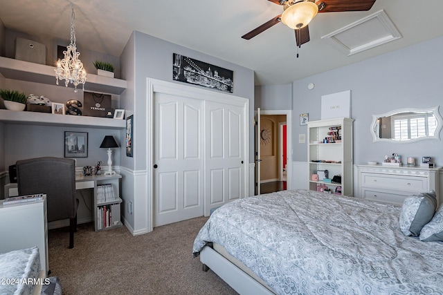 bedroom featuring ceiling fan, a closet, and light colored carpet