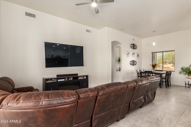 living room with ceiling fan