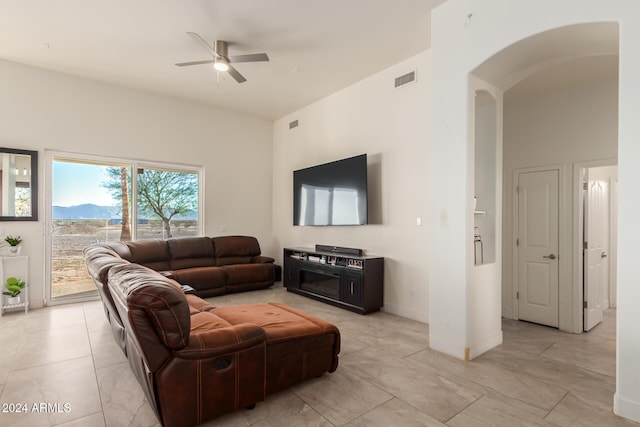 living room featuring ceiling fan