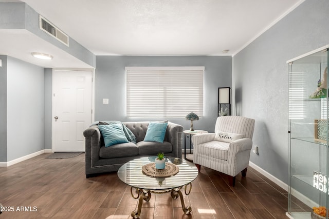 living room with dark hardwood / wood-style floors