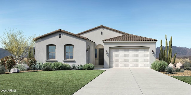 mediterranean / spanish-style home featuring a garage and a front lawn