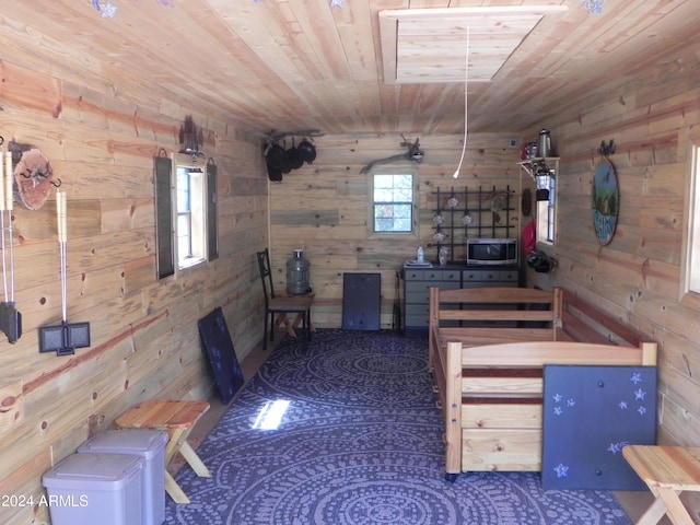 interior space featuring wood ceiling and wooden walls