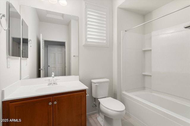 full bathroom featuring toilet, vanity, tile patterned flooring, and  shower combination