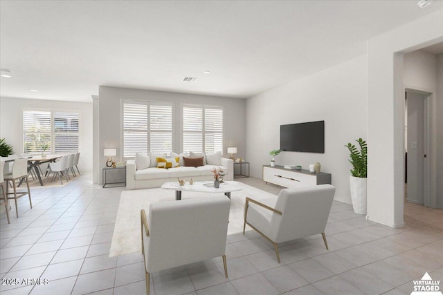 living room with light tile patterned floors