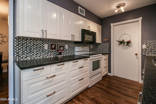 kitchen featuring white cabinets, range with electric stovetop, dark hardwood / wood-style flooring, and tasteful backsplash