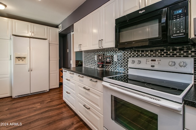 kitchen with white cabinets, dark hardwood / wood-style flooring, white appliances, and decorative backsplash