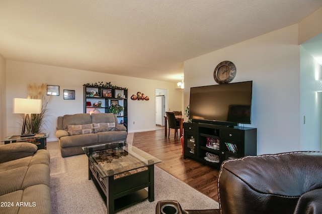 living room with wood-type flooring and a textured ceiling