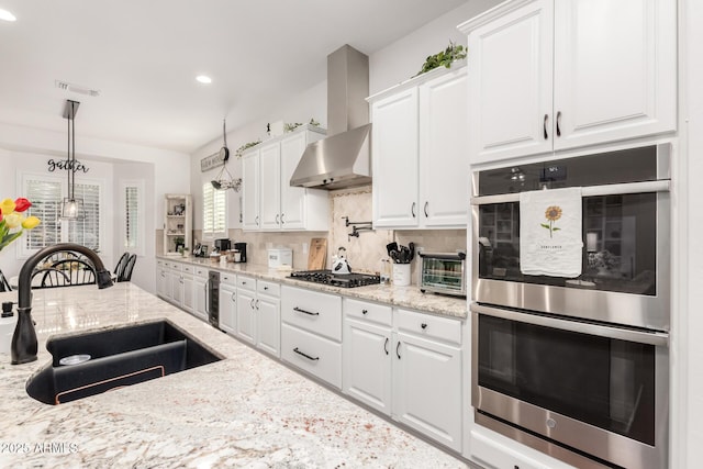 2879 E Austin Dr, Gilbert, AZ 85296 - kitchen with double oven, a sink, tasteful backsplash, white cabinetry, and recessed lighting