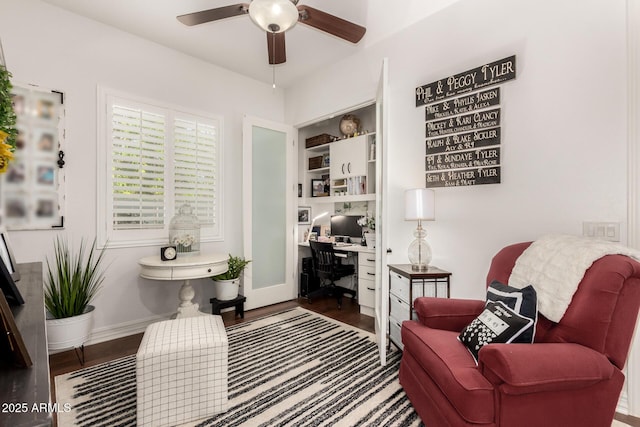 2879 E Austin Dr, Gilbert, AZ 85296 - living area with an office area, ceiling fan, wood finished floors, and baseboards