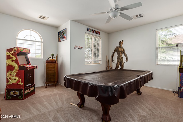 game room featuring ceiling fan, pool table, plenty of natural light, and light colored carpet