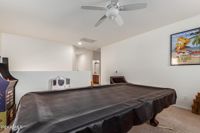 game room with ceiling fan, carpet, and billiards