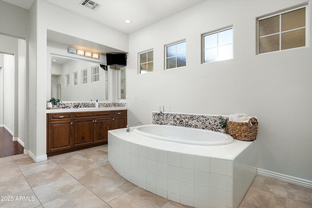 8240 E Wingspan Way, Scottsdale, AZ 85255 - bathroom featuring vanity, a garden tub, baseboards, and recessed lighting