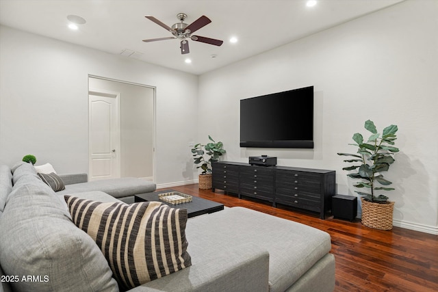 8240 E Wingspan Way, Scottsdale, AZ 85255 - living area featuring baseboards, a ceiling fan, wood finished floors, and recessed lighting