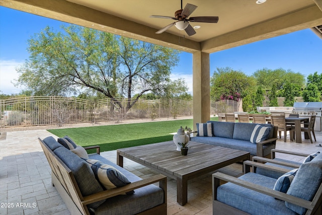 8240 E Wingspan Way, Scottsdale, AZ 85255 - view of patio featuring outdoor dining area, an outdoor hangout area, ceiling fan, and grilling area