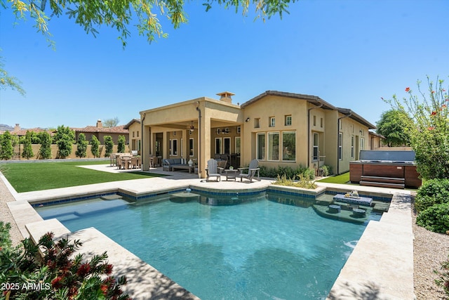 8240 E Wingspan Way, Scottsdale, AZ 85255 - swimming pool featuring a hot tub, a ceiling fan, a patio, and a yard