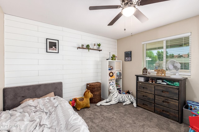 bedroom with light colored carpet and ceiling fan