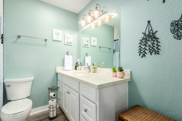 bathroom with vanity, hardwood / wood-style flooring, and toilet