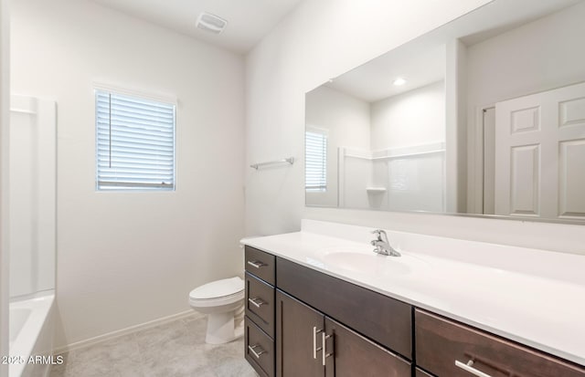 bathroom with baseboards, visible vents, toilet, tile patterned floors, and vanity