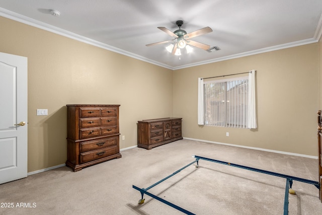 bedroom featuring light carpet, crown molding, and ceiling fan