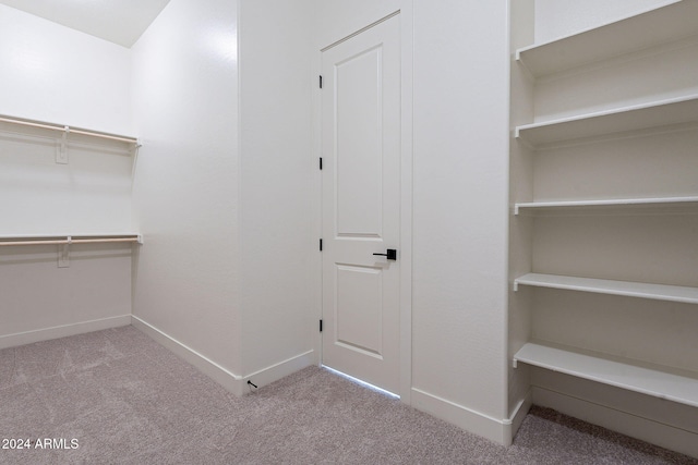 walk in closet featuring light carpet