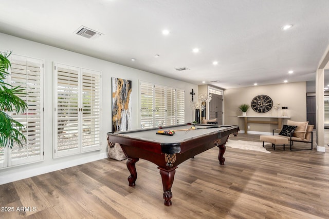 recreation room with recessed lighting, billiards, wood finished floors, baseboards, and visible vents