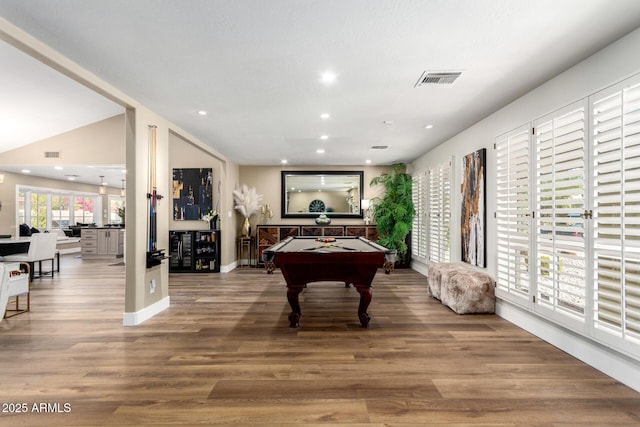 game room with recessed lighting, pool table, visible vents, and wood finished floors