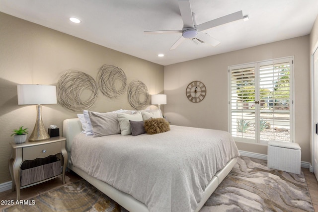 bedroom featuring recessed lighting, visible vents, ceiling fan, and baseboards