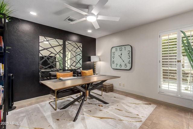 home office featuring visible vents, baseboards, ceiling fan, tile patterned flooring, and recessed lighting