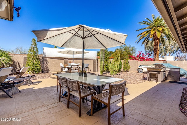 view of patio / terrace featuring a fenced backyard, outdoor dining area, and area for grilling