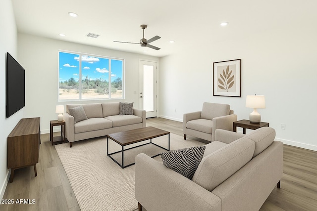 16025 E Rancho Laredo Dr, Scottsdale, AZ 85262 - living room with ceiling fan, baseboards, light wood finished floors, and recessed lighting