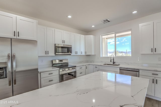 16025 E Rancho Laredo Dr, Scottsdale, AZ 85262 - kitchen with appliances with stainless steel finishes, a sink, recessed lighting, white cabinets, and light stone countertops