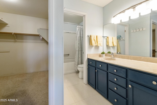 full bathroom featuring vanity, toilet, shower / bath combination with curtain, and tile patterned flooring