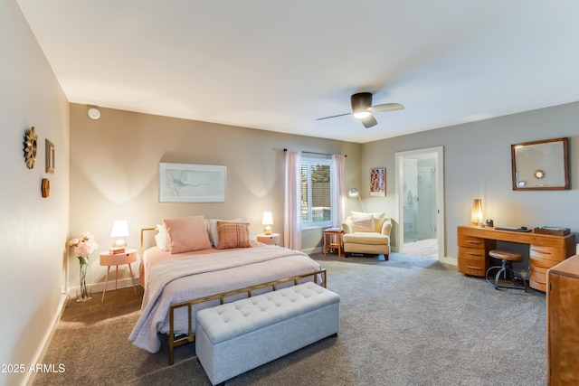 carpeted bedroom with a ceiling fan, connected bathroom, and baseboards