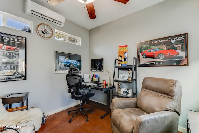 office area featuring ceiling fan, baseboards, and a wall mounted air conditioner