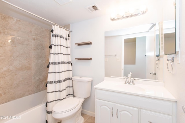 full bathroom with tile patterned floors, vanity, shower / bath combo, and toilet