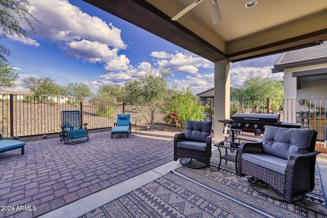 view of patio / terrace with a grill, ceiling fan, and an outdoor hangout area