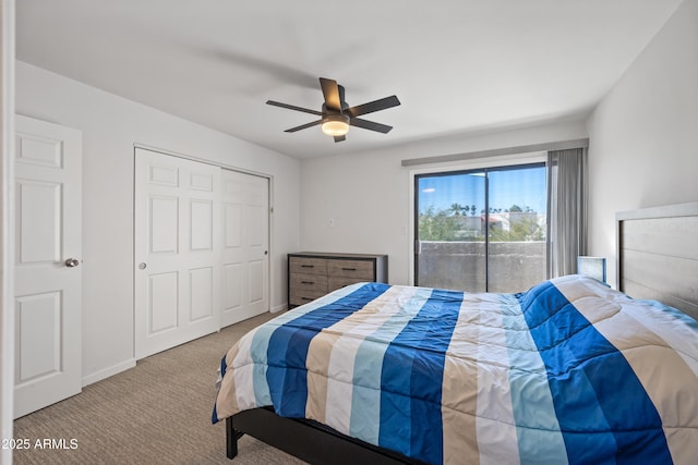 bedroom featuring carpet floors, access to exterior, ceiling fan, and baseboards