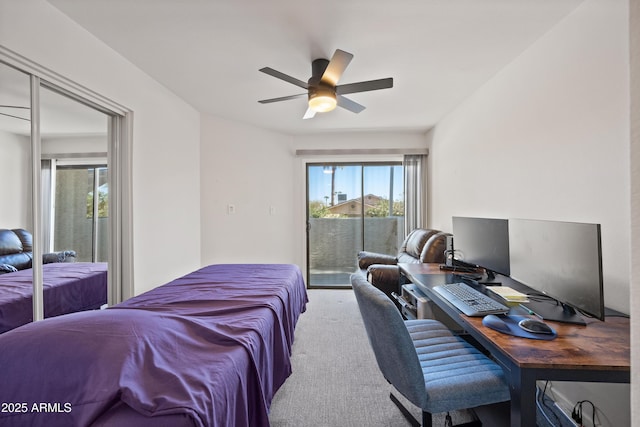 carpeted bedroom with access to outside and ceiling fan