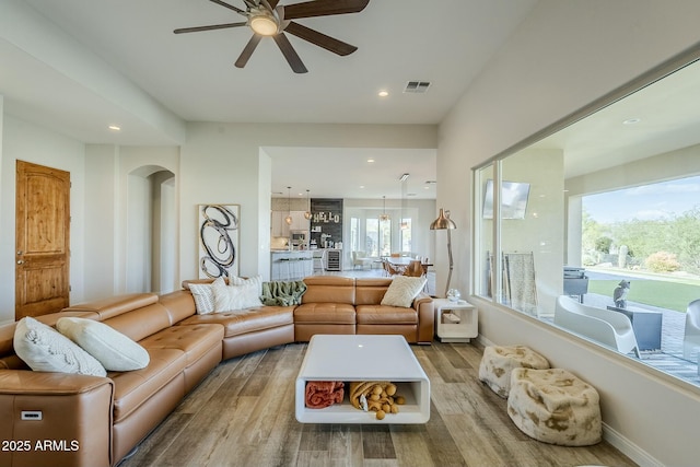 17324 E Quail Track Rd, Rio Verde, AZ 85263 - living area with recessed lighting, baseboards, visible vents, ceiling fan, and wood finished floors