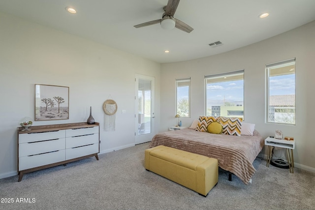 17324 E Quail Track Rd, Rio Verde, AZ 85263 - carpeted bedroom featuring a ceiling fan, visible vents, baseboards, and recessed lighting