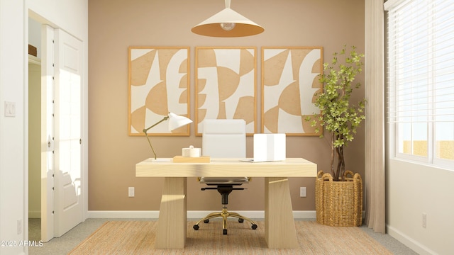 home office with baseboards, carpet flooring, and plenty of natural light