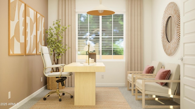 carpeted home office with a healthy amount of sunlight and baseboards