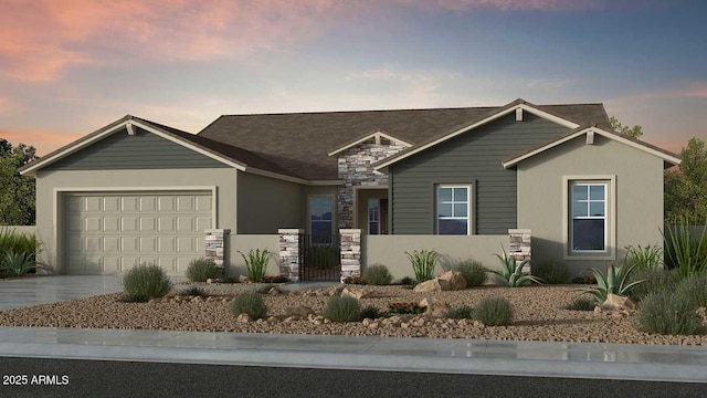 view of front of property featuring a garage, stone siding, concrete driveway, and stucco siding