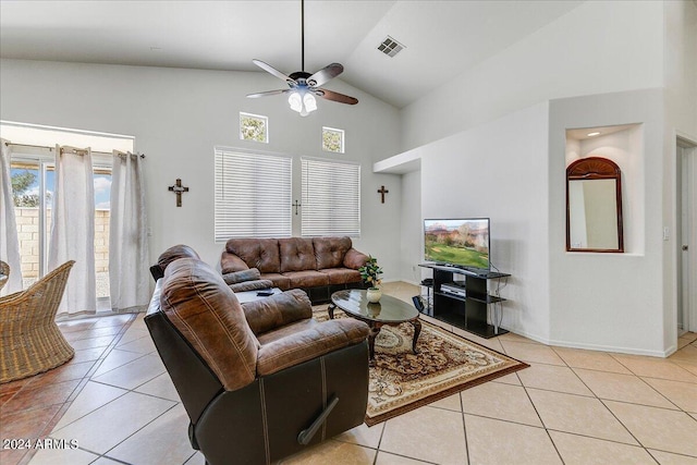 living room with high vaulted ceiling, ceiling fan, and light tile patterned flooring