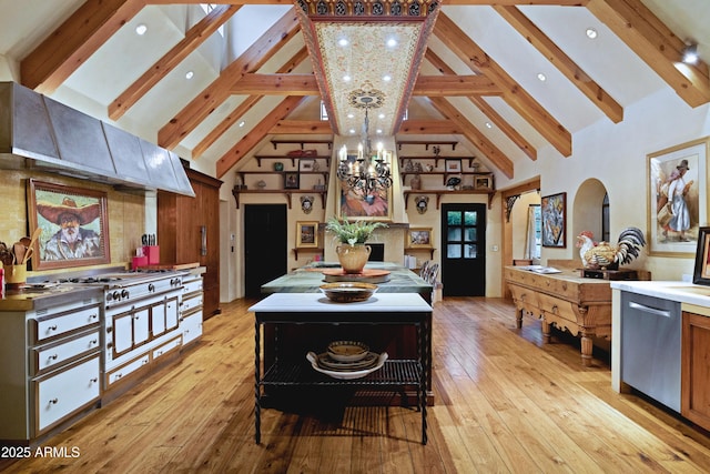 27050 N 103rd St, Scottsdale, AZ 85262 - kitchen with high vaulted ceiling, beamed ceiling, arched walkways, a chandelier, and light wood-style flooring