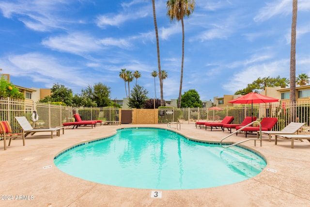 view of swimming pool featuring a patio area